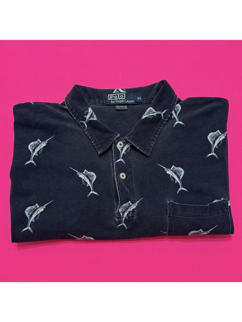 Vintage Polo Ralph Lauren Polo Shirt Marlin Sailfish Swordfish AOP Blue 90s Men